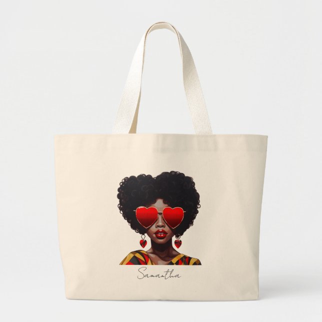 Melanin Magic: Black Queen Rocking Heart Shades Large Tote Bag (Front)