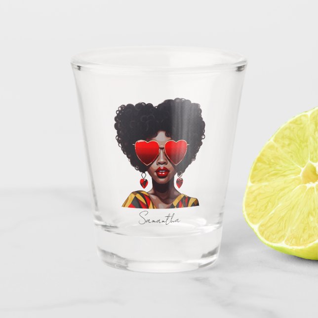 Melanin Magic: Black Queen Rocking Heart Shades Shot Glass (Front)