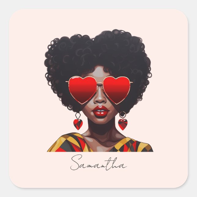 Melanin Magic: Black Queen Rocking Heart Shades Square Sticker (Front)