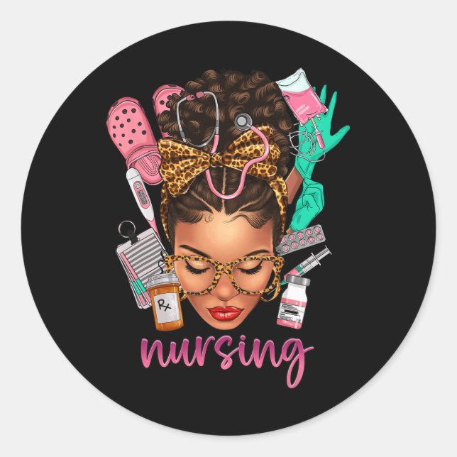 Melanin Nurse Black History Month Afro Hair  Classic Round Sticker (Front)