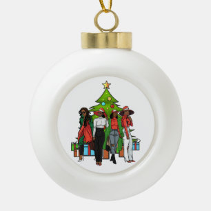 Melanin Sistas Christmas Tree Friendsgiving Sista  Ceramic Ball Christmas Ornament