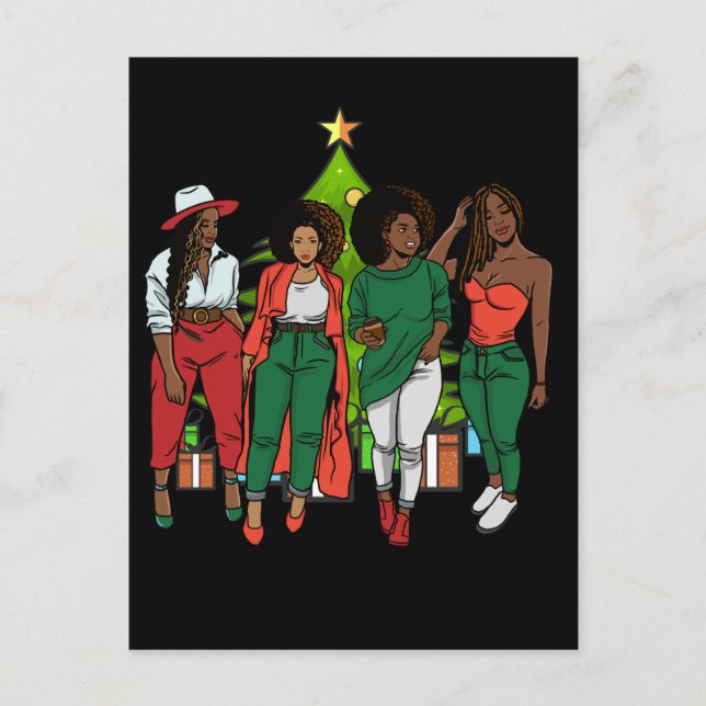 Melanin Sistas Christmas Tree & Gifts Black Girls Holiday Postcard (Front)