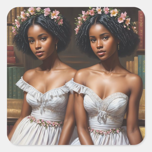 Melanin Twin Sisters in Library Gemini Art Square Sticker (Front)