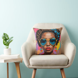 Melanin Woman w/Heart-shaped Sunglasses, Pop Art Cushion