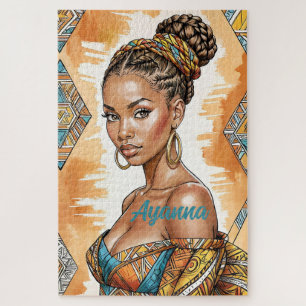 Melanin Woman with Braided Bun - African Print Jigsaw Puzzle