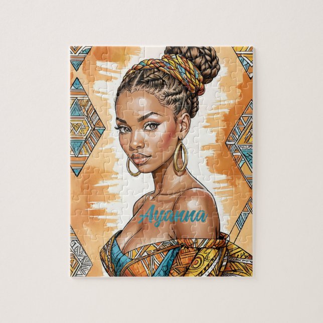Melanin Woman with Braided Bun - African Print Jigsaw Puzzle (Vertical)