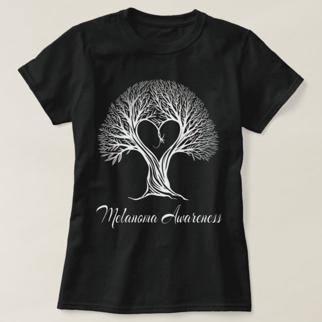 Melanoma Awareness Black Ribbon Tree With Heart T-Shirt (Design Front)