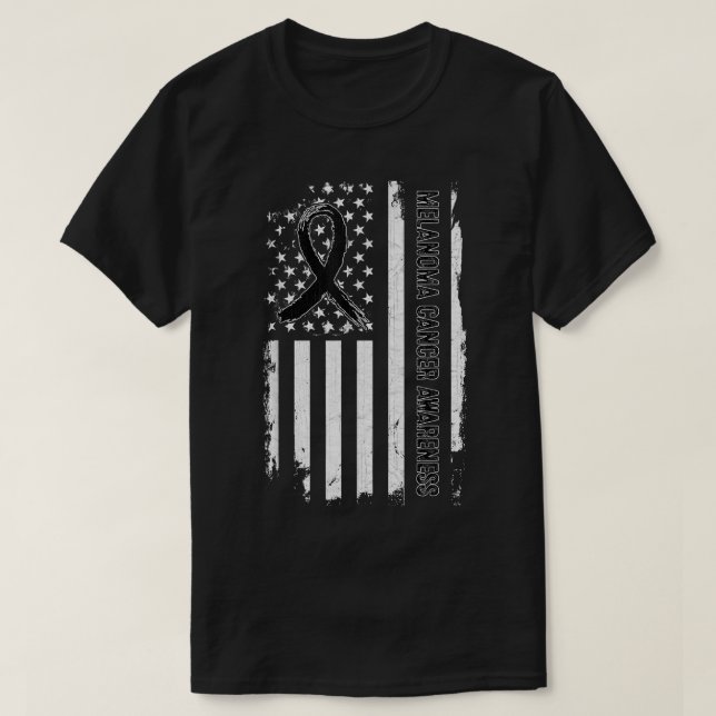 Melanoma Cancer Awareness American Flag - Black Ri T-Shirt (Design Front)
