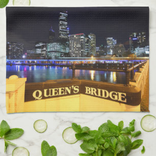 Melbourne Australia CBD Lights over Queen's Bridge Tea Towel
