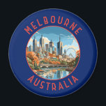 Melbourne Australia Retro Distressed Circle Magnet<br><div class="desc">Melbourne retro vector travel design. Melbourne is the coastal capital of the southeastern Australian state of Victoria. At the city's centre is the modern Federation Square development,  with plazas,  bars,  and restaurants by the Yarra River.</div>