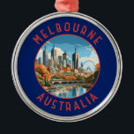 Melbourne Australia Retro Distressed Circle Metal Ornament<br><div class="desc">Melbourne retro vector travel design. Melbourne is the coastal capital of the southeastern Australian state of Victoria. At the city's centre is the modern Federation Square development,  with plazas,  bars,  and restaurants by the Yarra River.</div>
