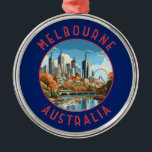 Melbourne Australia Retro Distressed Circle Metal Ornament<br><div class="desc">Melbourne retro vector travel design. Melbourne is the coastal capital of the southeastern Australian state of Victoria. At the city's centre is the modern Federation Square development,  with plazas,  bars,  and restaurants by the Yarra River.</div>
