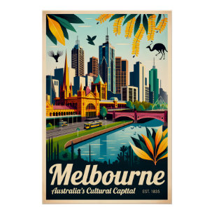 Melbourne Australia Retro Travel Poster Art