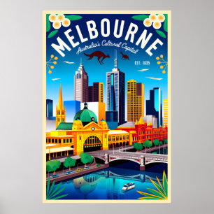 Melbourne Australia Retro Travel Poster Art