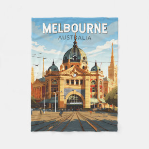 Melbourne Australia Travel Art Vintage Fleece Blanket