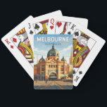 Melbourne Australia Travel Art Vintage Playing Cards<br><div class="desc">Melbourne retro vector travel design. Melbourne is the coastal capital of the southeastern Australian state of Victoria. At the city's centre is the modern Federation Square development,  with plazas,  bars,  and restaurants by the Yarra River.</div>