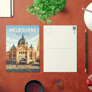 Melbourne Australia Travel Art Vintage Postcard