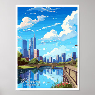 Melbourne Australia Travel Vintage Illustration Poster