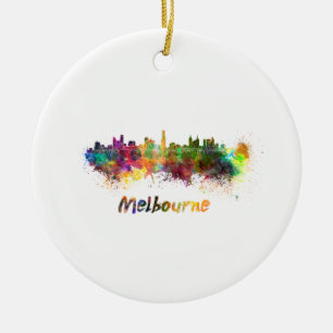 Melbourne skyline in watercolor ceramic tree decoration