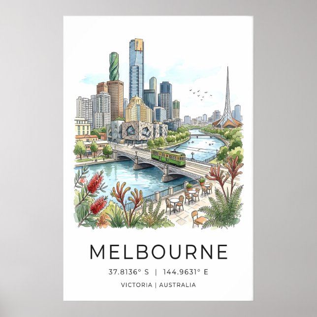 Melbourne Skyline Poster - Hand-Sketched Cityscape (Front)