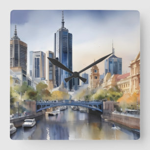 Melbourne watercolor art square wall clock