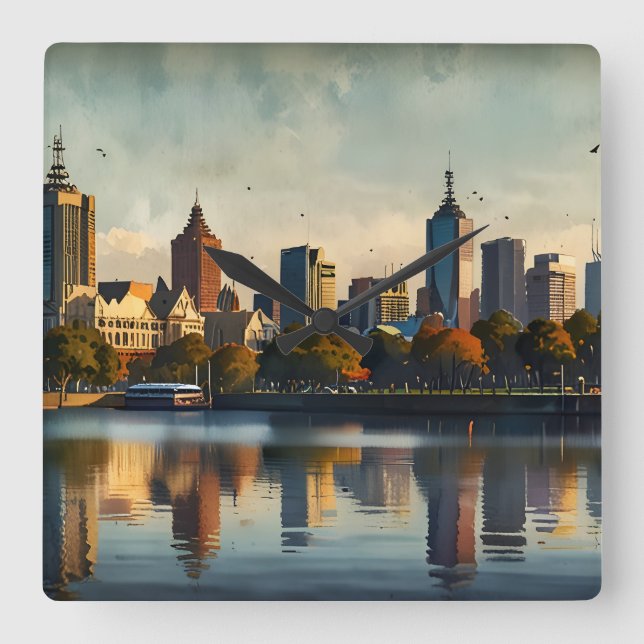 Melbourne watercolor art square wall clock (Front)
