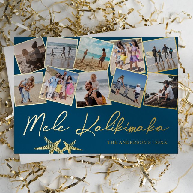 Mele Kalikimaka 10 Photo Collage Foil Holiday Card (Creator Uploaded)