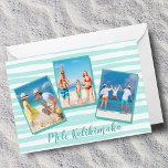 Mele Kalikimaka Beach Christmas Chic Teal Photo Holiday Card<br><div class="desc">Beautiful seaside teal wavy lines decorate this modern family photo collage Christmas card that reads Mele Kalikimaka, the Hawaiian way to say Merry Christmas. A cool beach colour motif on this trendy custom photograph holiday card. Customise the holiday template with your own 3 family or children pictures. Personalise the back...</div>