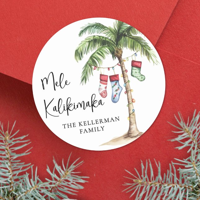 Mele Kalikimaka Beach Christmas Classic Round Sticker (Mele Kalikimaka Tropical Beach Christmas Classic Round Sticker)