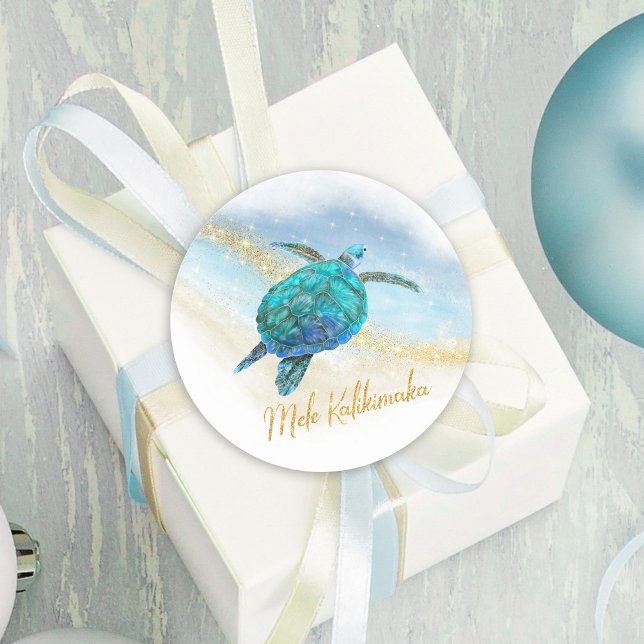 Mele Kalikimaka Beach Sea Turtle Coastal  Classic Round Sticker (Creator Uploaded)