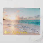 Mele Kalikimaka Beautiful Beach Christmas Gold Foil Holiday Card<br><div class="desc">These pretty seaside Christmas gold foil cards feature gorgeous coastal seascape at sunrise with lovely typography that reads Mele Kalikimaka. A cute Hawaiian way to say Merry Christmas in style. Take me to the beach this holiday.</div>