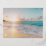 Mele Kalikimaka Beautiful Beach Christmas Gold Foil Holiday Postcard<br><div class="desc">These pretty seaside Christmas gold foil postcards feature gorgeous coastal seascape at sunrise with lovely typography that reads Mele Kalikimaka. A cute Hawaiian way to say Merry Christmas in style. Take me to the beach this holiday.</div>