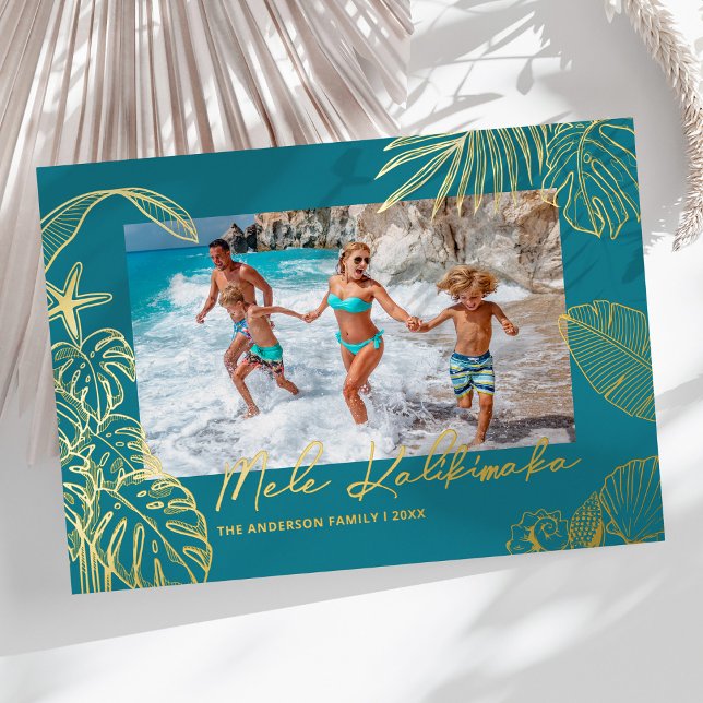 Mele Kalikimaka Blue Photo Christmas Foil Holiday Card (Creator Uploaded)