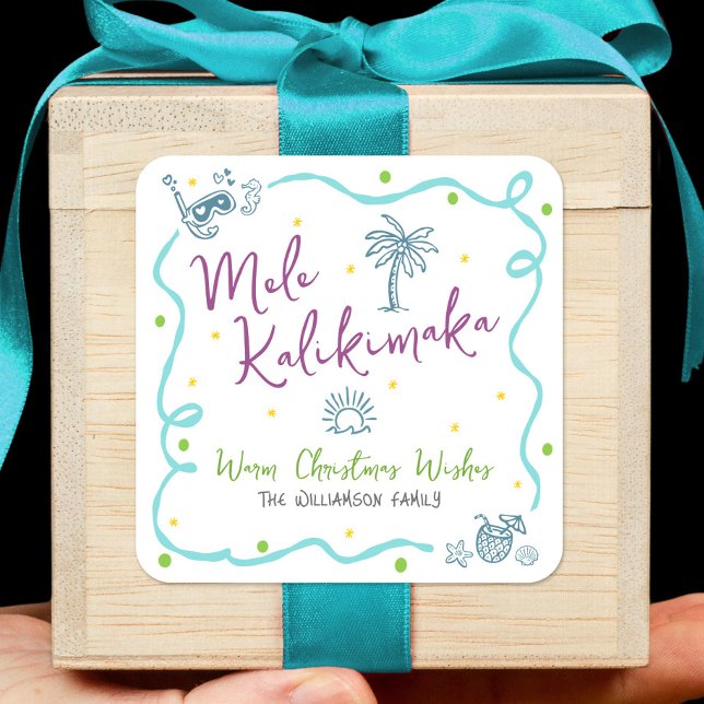 Mele Kalikimaka Blue Purple Green Doodle Christmas Square Sticker (Creator Uploaded)