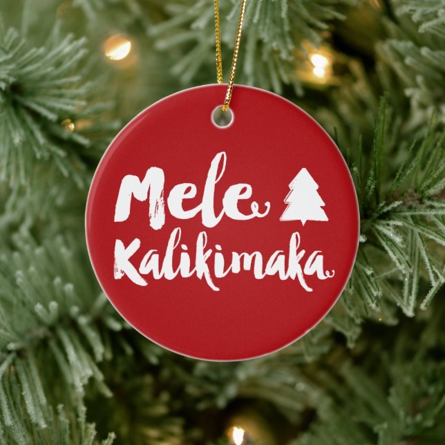 Mele Kalikimaka Brush Script Christmas Tree Photo Ceramic Ornament (Tree)