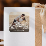 Mele Kalikimaka Christmas Photo Square Sticker<br><div class="desc">Modern hawaiian christmas holiday stickers featuring a fully printed photo for you to replace with your own,  the seasons greetings "mele kalikimaka",  and your family name.</div>