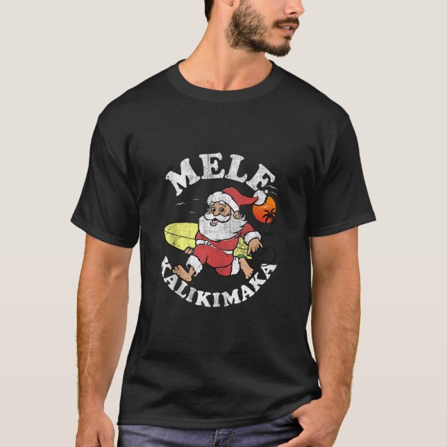 Mele Kalikimaka Christmas Santa Surfing a Wave Sha T-Shirt (Front)