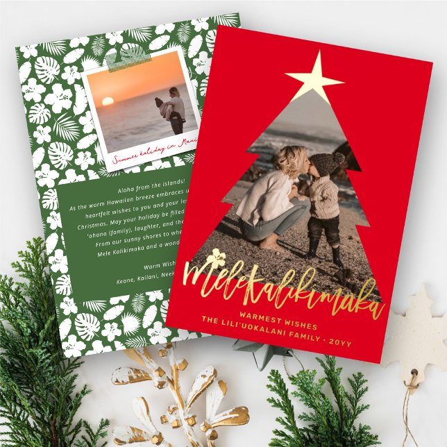 Mele Kalikimaka Christmas Tree Cutout Red Photo Foil Holiday Card (Creator Uploaded)