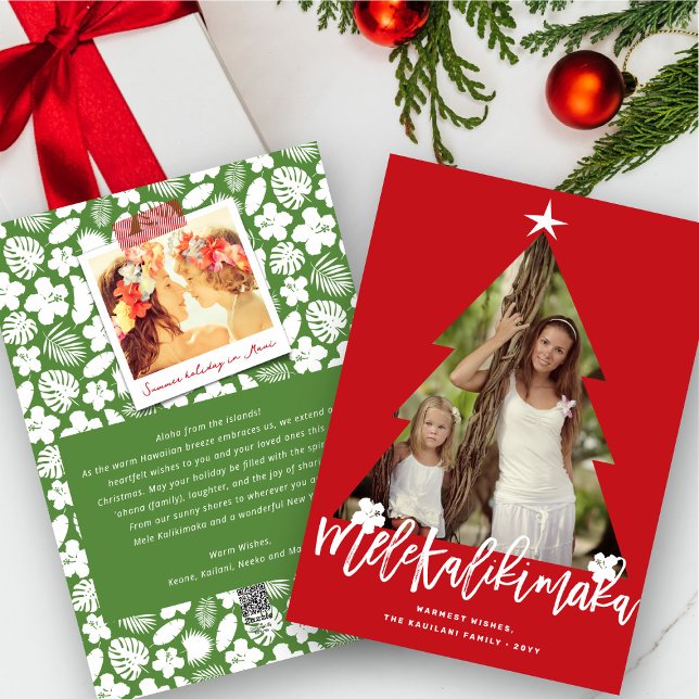 Mele Kalikimaka Christmas Tree Cutout Red Photo Holiday Card (Creator Uploaded)