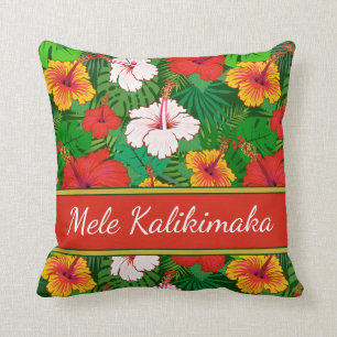 Mele Kalikimaka Colorful Hawaiian Flowers Holiday Cushion