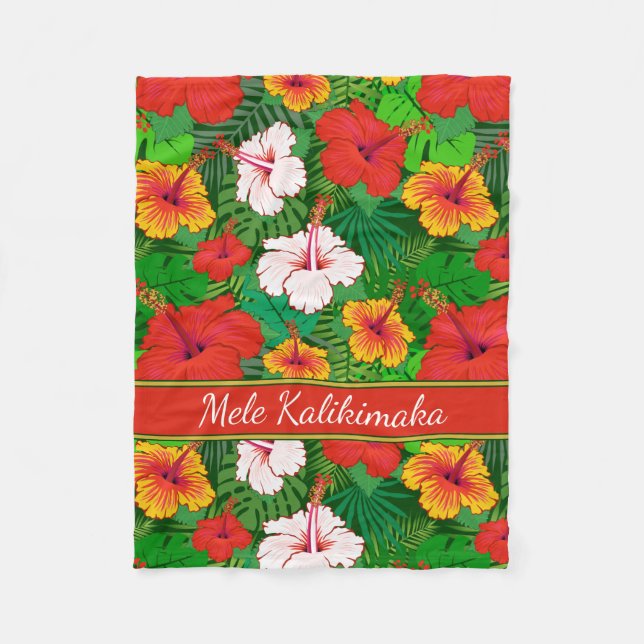 Mele Kalikimaka Colourful Hawaiian Floral Holiday Fleece Blanket (Front)