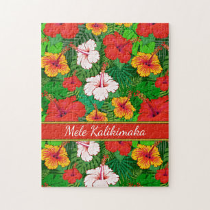 Mele Kalikimaka Colourful Hawaiian Flowers Holiday Jigsaw Puzzle