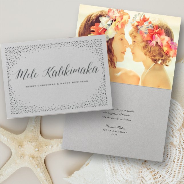 Mele Kalikimaka Confetti And Stars Christmas Photo Foil Card (Mele Kalikimaka Christmas Greetings Holiday Foil Pressed Card @ www.zazzle.com/store/fat_fa_tin)