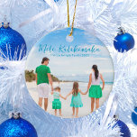 Mele Kalikimaka Family Beach Photo 2023 Christmas Ceramic Ornament<br><div class="desc">Chic customisable beach family photo Christmas ornament with your favourite tropical photo in the sun. Add a full photograph of your favourite memory from your island vacation to the coast on the front and one on the back. A beautiful coastal holiday ornament gift with pretty blue script over the picture....</div>