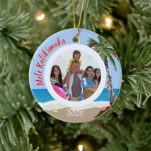 Mele Kalikimaka Hawaiian Beach Personalized Photo Ceramic Ornament (Tree)