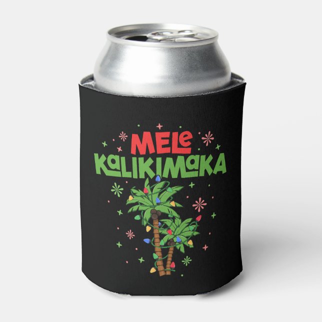 Mele Kalikimaka Hawaiian Christmas Palm Tree Light Can Cooler (Can Front)