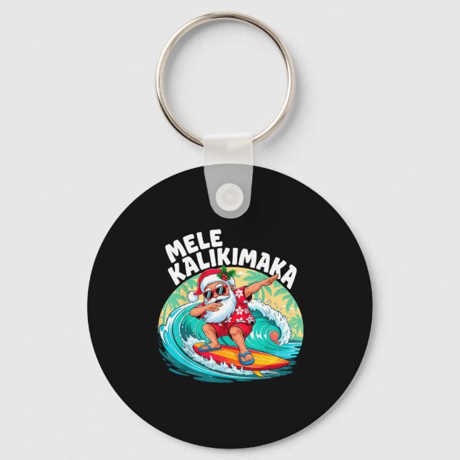 Mele Kalikimaka Hawaiian Christmas Santa Surfing B Key Ring (Front)