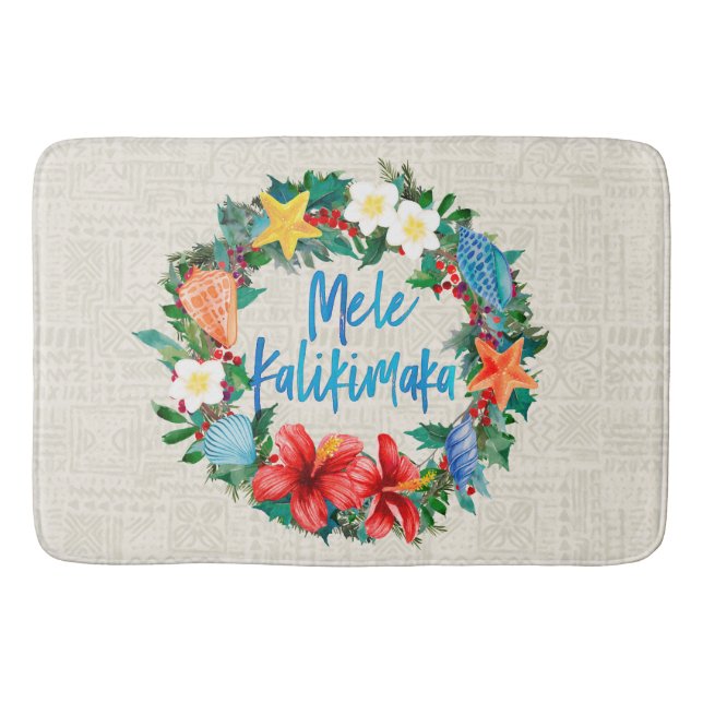 Mele Kalikimaka Hawaiian Christmas Wreath Bath Mat (Front)