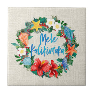 Mele Kalikimaka Hawaiian Christmas Wreath Ceramic Tile