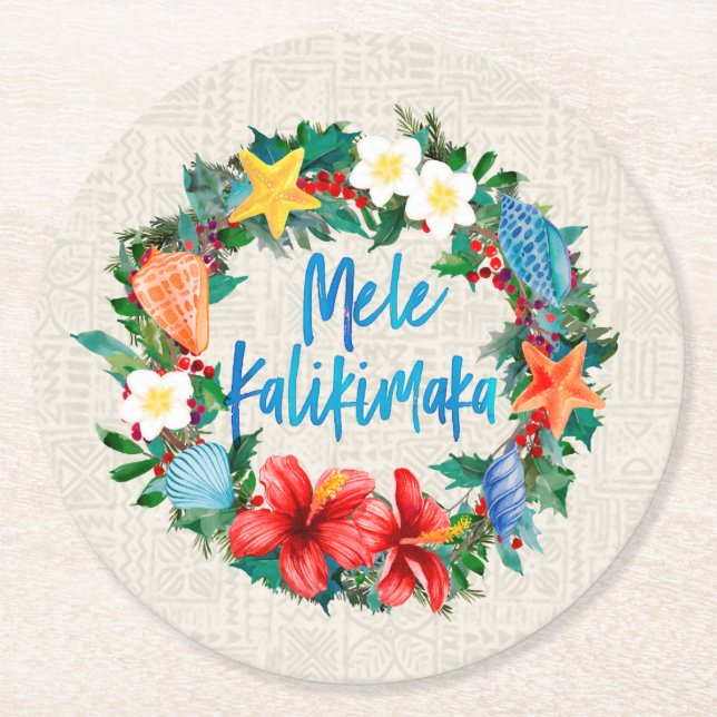 Mele Kalikimaka Hawaiian Christmas Wreath Round Paper Coaster (Front)